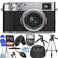 FUJIFILM X100V Digital Camera (Silver) 16642939-7PC Accessory Bundle Includes: Sandisk Extreme Pro 128GB SD, Memory Card Reader, Gadget Bag, Blower. Microfiber Cloth and Cleaning Kit