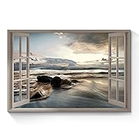 Ocean Open Window Wall Art: Lake Under Sunset Canvas Painting Sunset Beach Picture Coastal Modern Relax Artwork Large Quiet Seascape Photo Nature Landscape for Bedroom Office Living Room