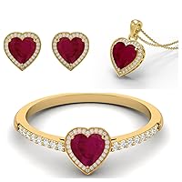 MOONEYE 6MM Heart Shape Ruby Gemstone 925 Sterling Silver Solitaire Women Ring Necklace Earring Set Jewelry