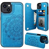 MMHUO for iPhone 15 Plus Case with Card Holder, Flower Magnetic Back Flip Case for iPhone 15 Plus Wallet Case for Women, Protective Case Phone Case for iPhone 15 Plus,Blue