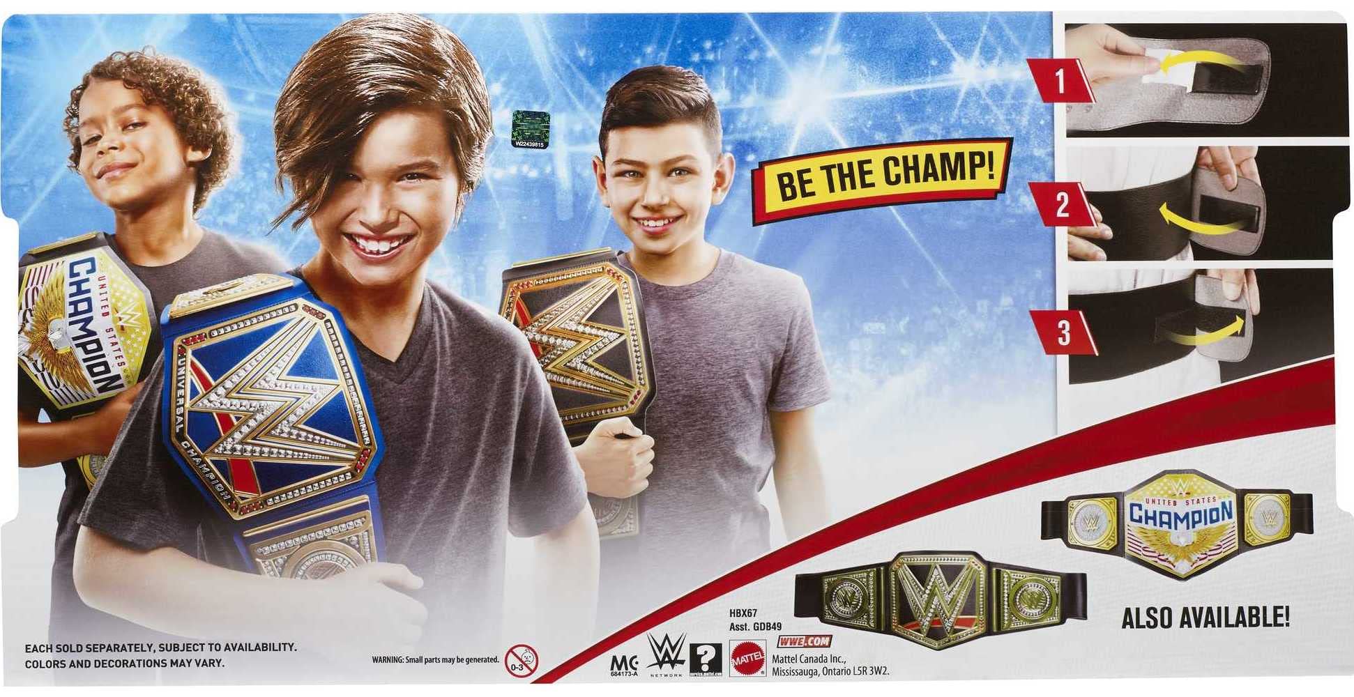 Mattel WWE Universal Championship Role Play Title Belt with Metallic Sideplates and Adjustable Strap for Kids, Blue/Gold