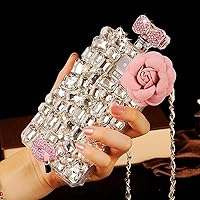 Bling Sparkle Diamond Perfume Bottle Case for iPhone with Screen Protector & Lanyard,Diamonds Crystals Soft Phone Protective Cover for Women (Pink Flower Lip,for iPhone 7 Plus / 8 Plus)