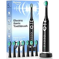 Bymore Electric Toothbrush for Adults,Travel Sonic Toothbrush with 8 Replacement Heads, Ultra Clean Rechargeable Toothbrush Portable One Charge for 330days 5 Modes 2mins Timer-Black