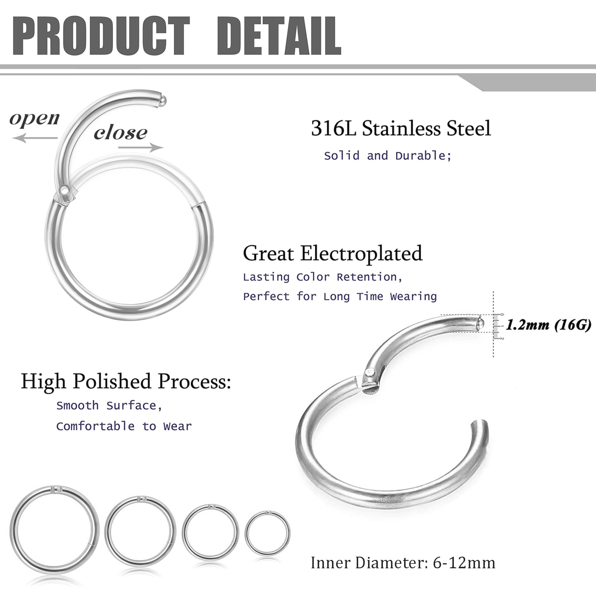 FIBO STEEL 6-8 Pcs 6-12mm Stainless Steel 16g 18g Cartilage Hoop Earrings for Men Women Nose Ring Helix Septum Couch Daith Lip Tragus Piercing Jewelry Set