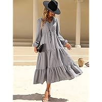 Women's Dresses Casual Wedding Gingham Print Lantern Sleeve Tie Front Layered Hem Dress Wedding Guest (Color : Black and White, Size : Small)
