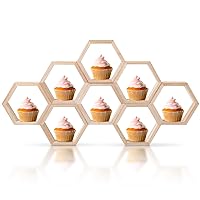 8 Pcs Mini Honeycomb Cupcake Stand Wooden Hexagon Cake Display Holder Farmhouse Hexagonal Floating Table Sign for Baby Shower Boy Girl Birthday Party (Burly Wood)