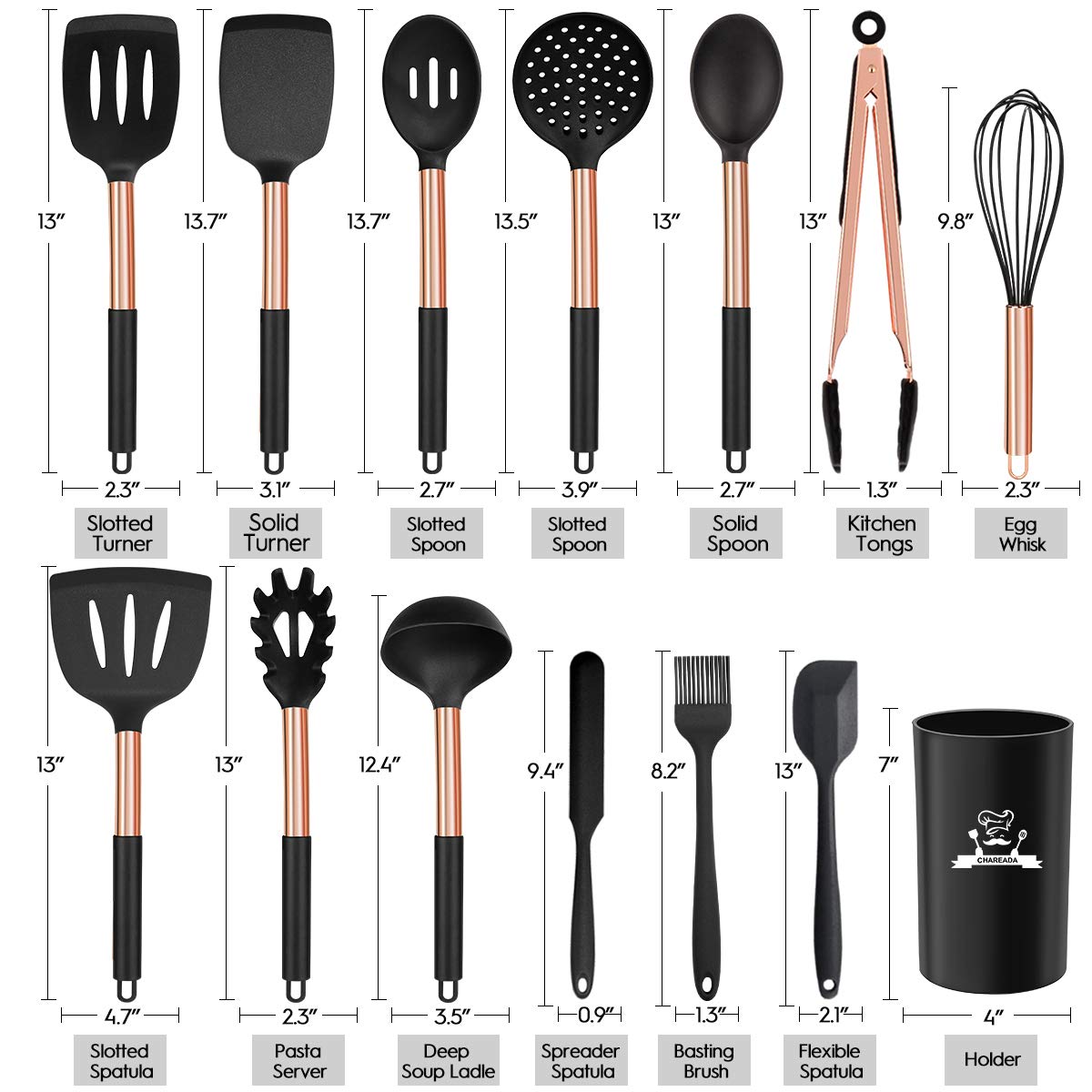 Silicone Cooking Utensil Set, 14pcs Kitchen Utensils Set Non-stick Heat Resistant Cookware Copper Stainless Steel Handle Cooking Tools Turner Tongs Spatula Spoon - BPA Free, Non Toxic