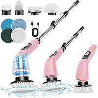 Electric Spin Scrubber, New Cordless Shower Scrubber with 8 Replaceable Brush Heads and Adjustable Extension Handle, Power Cleaning Brush for Bathroom, Kitchen, Car, Tile, Wall, Floor-Pink