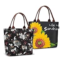 Gloppie Lunch Bags for Women Tote Cooler Bag Leakproof Insulated Lunch Box Lunch Containers Work Purse for Picnic Boating Beach Fishing Black Sunflower + White Flower Large