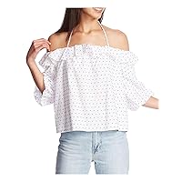 Womens White Low Back Printed Short Sleeve Off Shoulder Evening Top Juniors XXS