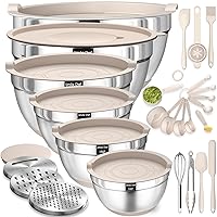 Mixing Bowls with Airtight Lids Set, 26PCS Stainless Steel Khaki Bowls with Grater Attachments, Non-Slip Bottoms & Kitchen Gadgets Set, Size 7, 4, 2.5, 2.0,1.5, 1QT, Great for Mixing & Serving