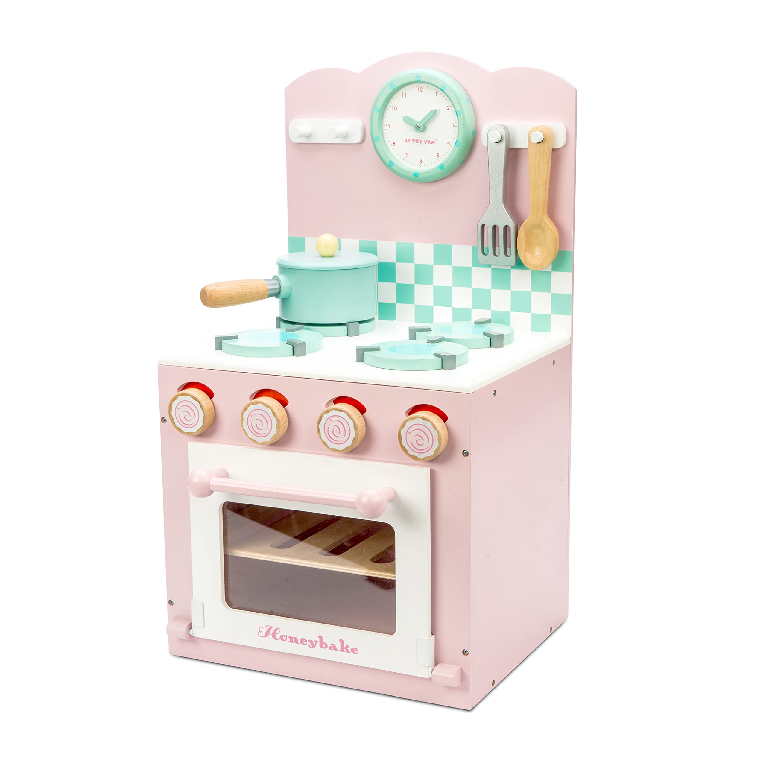 Le Toy Van - Colorful Wooden Honeybake Oven & Hob Pink Set | Wood Pretend Play Kitchen Toy Set | Girls and Boys Role Play Toy Kitchen Accessories