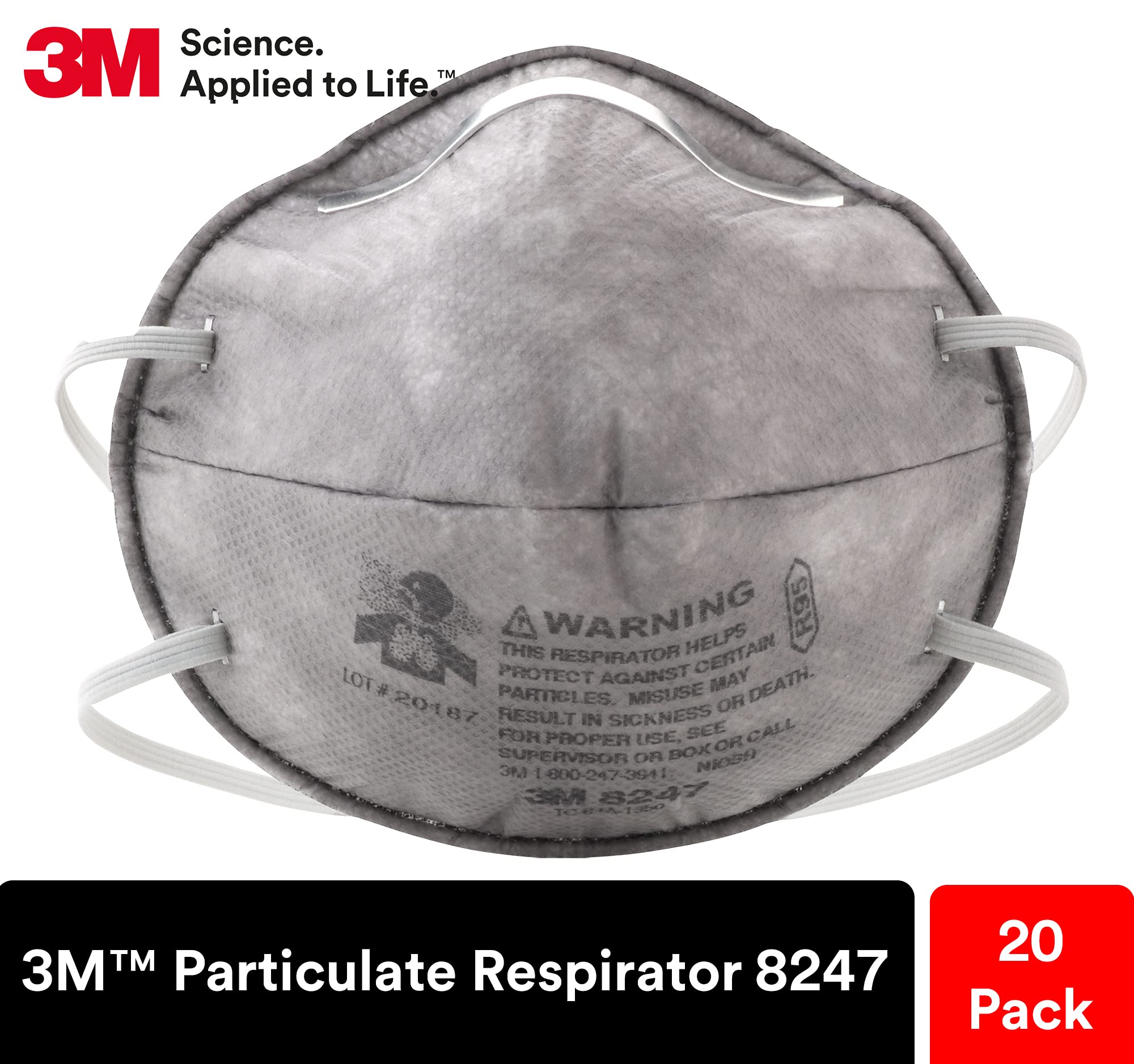 3M Particulate Respirator 8247, Pack of 20, R95, Nuisance Level Organic Vapor Relief, Braided Comfort Strap, Carbon Filter Material, Disposable General Purpose for Dust and other Particles