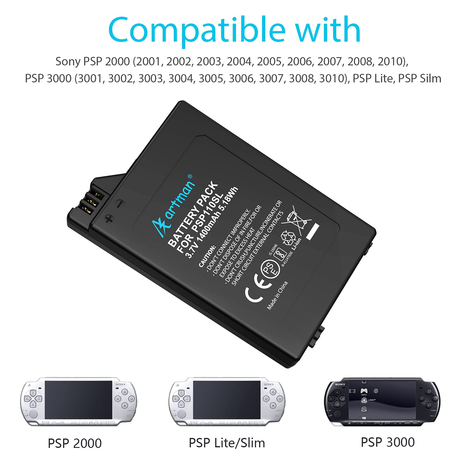 Mua Artman PSP-S110 Battery 1400 mAh Replacement PSP 2000 Battery PSP 3000  Battery Compatible with Sony PSP Slim & Lite (PSP-2000 /PSP-2004) /PSP  Brite (PSP-3000 /PSP-304) PSP-S. 110 replacement battery trên Amazon