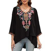 LauraKlein Women's Boho Embroidered Peasant Tops 3/4 Sleeve V Neck Mexican Bohemian Shirts Tunics Blouses