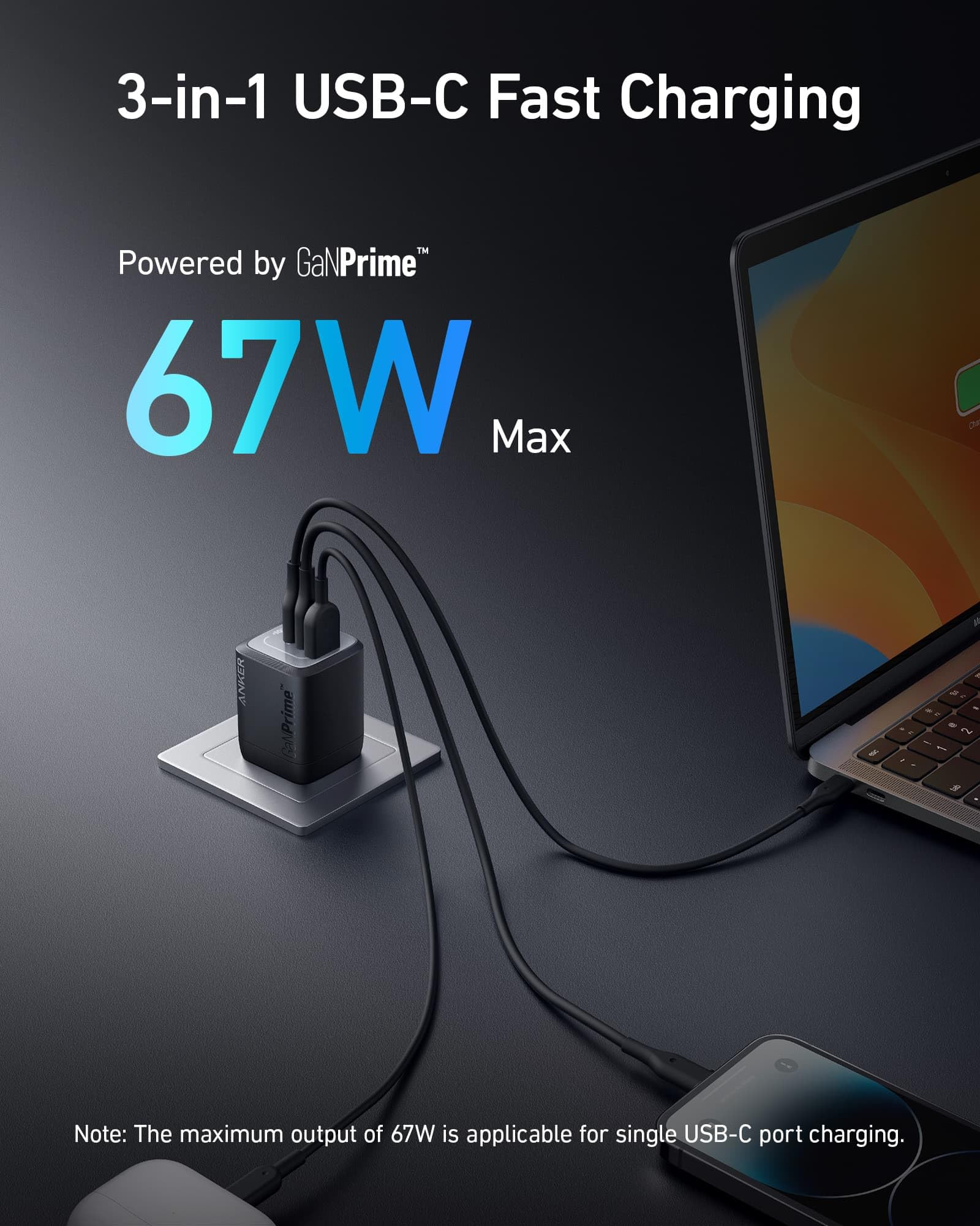 Anker 543 USB C to USB C Cable (140W, 10ft), USB 2.0 Bio-Nylon Charging Cable & Anker Prime 67W USB C Charger, GaN Wall Charger, 3-Port Compact Fast Charger