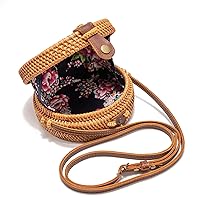 Handwoven Round Rattan Straw Crossbody Bags for Women 8” with Adjustable Two-Layer Genuine Leather Strap with Bonus - Rattan Bracelet