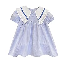 Girls Summer Big Collar Plaid Print Flower Wood Ear Dress Bubble Sleeves A Swing Dress for 1 to 7 Pleated Dress for