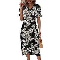 Summer Dresses for Women 2024 Side Ruched Floral Dress Elegant Short Sleeve V Neck Wrap Dress Irregular Hem Tunic Dresses
