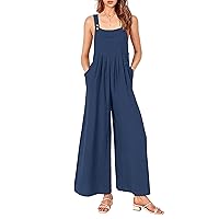 Linen Overalls for Women Loose Fit Boho Wide Leg Jumpsuits Casual Summer Pleated Rompers with Pockets