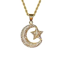 Men Women 925 Italy 14k Gold Finish The Crescent Moon & Star Necklace, Iced Diamond Moon And Star Ice Out Pendant Stainless Steel Real 2.5 mm Rope Chain Necklace, Men's Jewelry, Iced Pendant, Chain Pendant Rope Necklace