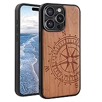 Cherry Wood Engraving Compass Natural Case Compatible with iPhone 15 Pro Max Wood Cases Wooden Thin Slim Shockproof Protective Cover Unique Classy Vintage Durable (Cherry Compass/15 Pro Max)