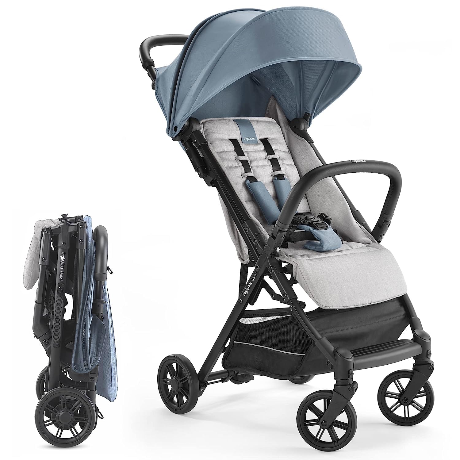 Inglesina Quid Baby Stroller - Lightweight at 13 lbs, Travel-Friendly, Ultra-Compact & Folding - Fits in Airplane Cabin & Overhead - for Toddlers from 3 Months to 50 lbs - Large Canopy, Stormy Gray