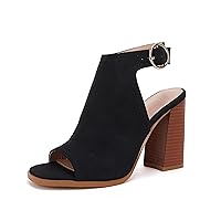 Ermonn Women‘s Cutout Peep Toe Stacked Heeled Sandals Ankle Strap Buckle Booties