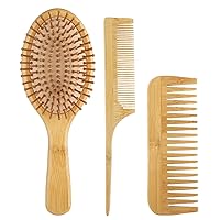 Bamboo Paddle Hair Brush, 3PCS Bamboo Hair Brush Set, Natural Bamboo Comb Paddle Detangling Hairbrush, Wooden Comb for Women Men, and Kids Massage Scalp Thick/Thin/Curly/Dry Hair