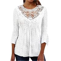 Womens Long/Short Sleeve Shirts Spring Lightweight Tshirts Shirts Lace V Neck Cute Tops Summer Pleated Flowy Blouse