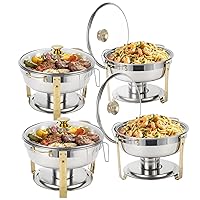 5 Qt Chafing Dish Buffet Set with Visible Glass Lid and Holder, Stainless Steel Round Chafers and Buffet Warmers Sets with Food and Water Trays for Catering, Parties and Weddings, Gold, 4 Pack