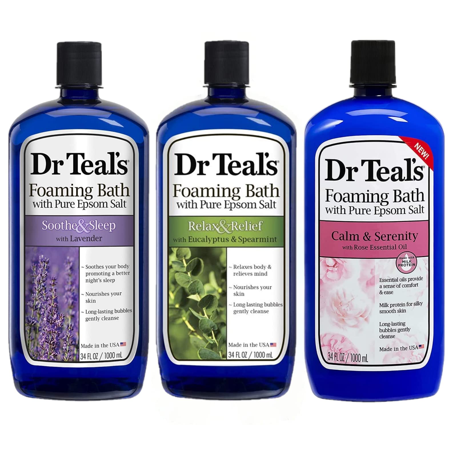 Dr Teal's Foaming Bath Variety Gift Set (3 Pack, 34oz ea) - Soothe & Sleep Lavender, Relax & Relief Eucalyptus, and Calm & Serenity Rose - Epsom Salt & Essential Oils for Stress Relief, Muscle Aches