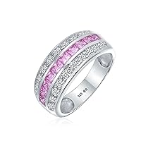 Art Deco Pink Blue Clear AAA Cubic Zirconia Half Eternity Channel Set Princess Cut CZ Dome 3 Row Wide Statement Wedding Band Ring For Women .925 Sterling Silver Comfort Fit 8MM