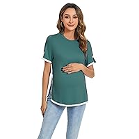 Maternity Shirts Women's Casual Floral Print Tops Pregnancy Puff Short Sleeve Striped Ruched Side Tunic Top