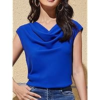 Solid Cowl Collar Blouse (Color : Royal Blue, Size : X-Small)