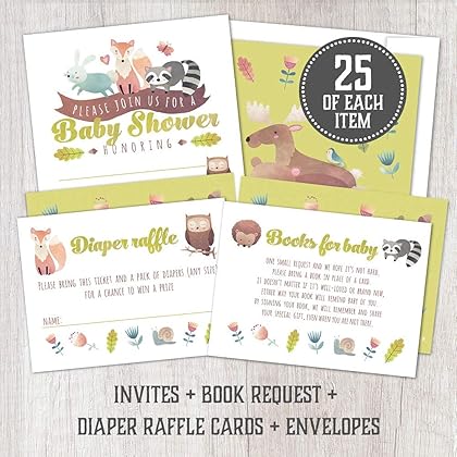 A Set of 25 Woodland Animals Baby Shower Invitations, Diaper Raffle Tickets and Baby Shower Book Request Cards with Envelopes. Gender Neutral Invites Perfect for Baby Boys and Baby Girls.