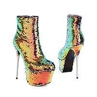 MOOMMO Stiletto High Heel Platform Ankle Boots Glitter Women Round Toe Side Zipper Lace Bow-knot Dress Combat Booties Rainbow Metallic 6 Inch Heels Dressy Office Ladies Wedding Party 3-11 M US