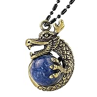 TUMBEELLUWA Dragon Necklace with Round Bead for Men Women Healing Crystal Stone Brass Wrapped Pendant Animal Jewelry Gift