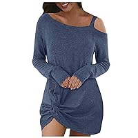 Women's Casual Leisure Long Sleeve Off Shoulder Front Knot Tie Solid Dress