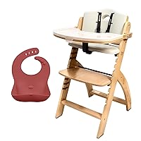 Abiie Beyond Junior Natural Wood/Dove Grey Cushion Convertible 3-in-1 Wooden High Chairs for 6 Months to 250 lbs, and Ruby Wrapp Terra Cotta Waterproof Silicone Bibs w/Front Pocket - Baby Essentials