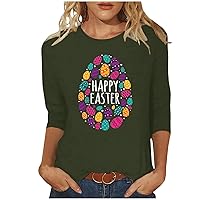 Workout Tops for Women Happy Easter T-Shirt 3/4 Sleeve Blouse Cute Bunny Eggs Print Graphic Tees Crew Neck Casual Shirts