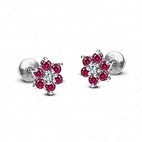 Gemstar Jewellery 18K White Gold Finish Round Cut Red Ruby Wedding Cluster Flower Stud Earrings