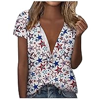 Womens Fashion Casual Short Sleeve Independence Day Print Buttons Lapel Shirt Top Blouse Loose Comfortable Shirt