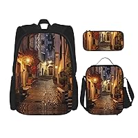 Italian Old Street Print 3 In 1 Set With Lunch Box Pencil Bag Casual Backpack Set For Gym Beach Travel