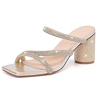 DADAWEN Women's Rhinestone Heeled Sandals Square Toe Strappy Chunky Block Heels for Women Comfortable Wedding Party Dress Pumps Shoes