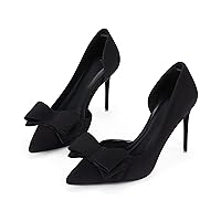 Womens Bow Heels Closed Pointed Toe Dress Shoes Stiletto Slip on Wedding Pumps