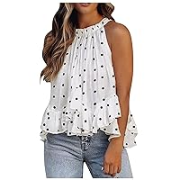 Womens Trendy Leopard/Polka Dots Cold Shoulder Halter Tops Summer Tiered Ruffle Hem Ruched Flowy Tank Cami Shirts