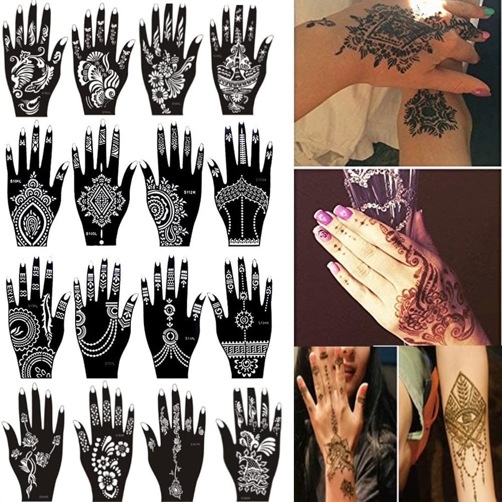 Xmasir 16 Sheets Indian Arabian Henna Tattoo Stencil Set Temporary Tattoo Temples Kit,Stencils for Henna New Designs