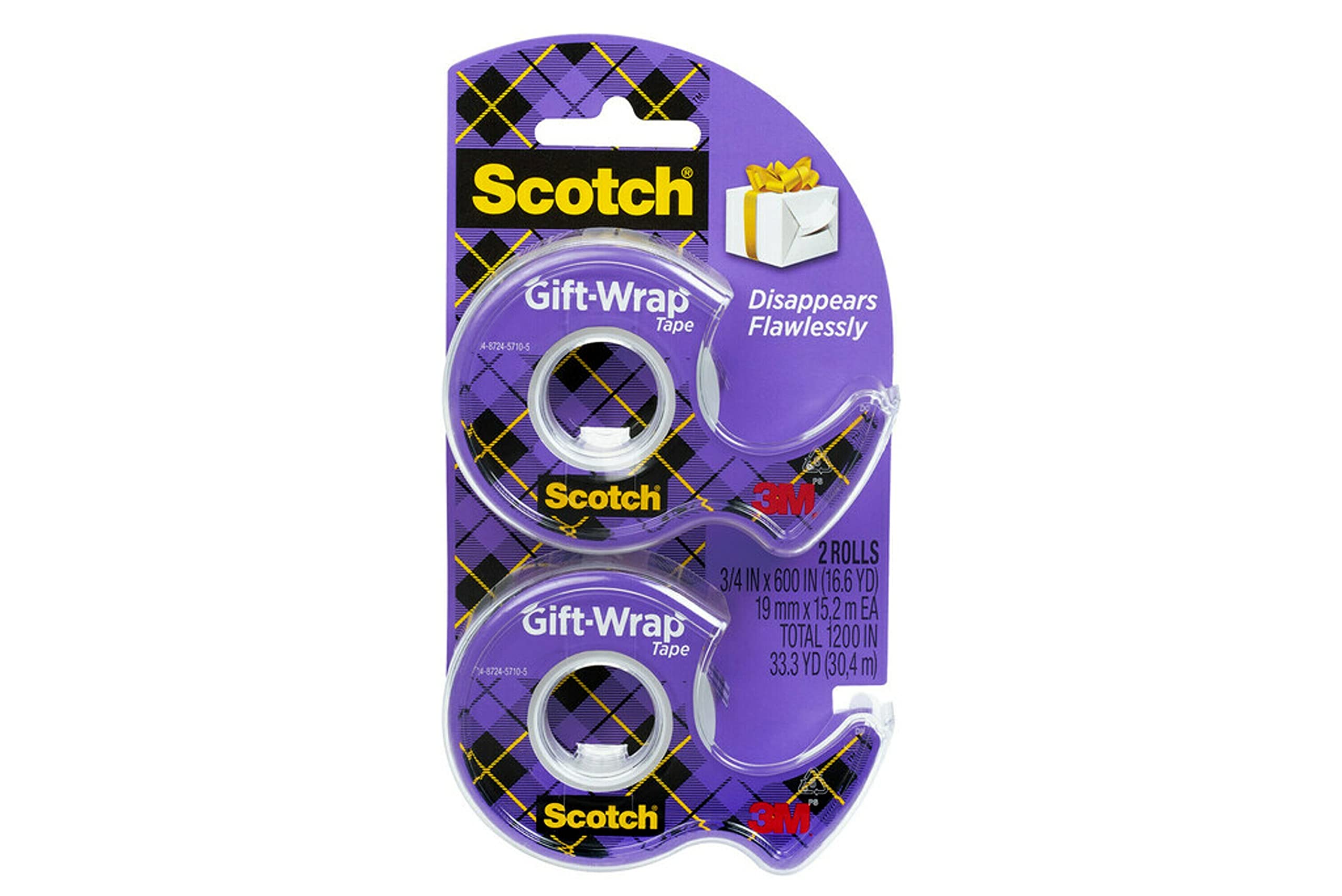 Scotch Gift Wrap Tape, Invisible, Holiday Gift Wrapping Supplies for Christmas Presents and Gift Bags, 0.75 in. x 600 in., 2 Tape Rolls With Dispensers