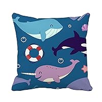 Throw Pillow Cover Kawaii Blue Whale Sperm Narwhal and Killer Dark Underwater 18x18 Inches Pillowcase Home Decorative Square Pillow Case Cushion Cover